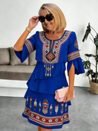Chiffon Vacation Prints Color Round Neck Cake Skirt Splicing Dress Mid-length
