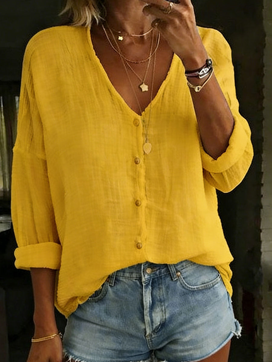 Women's Cotton Linen Loose Solid Color Long-sleeved Shirt