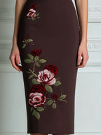 Deep V-Neck Embroidered Rose Fitted Midi Dress