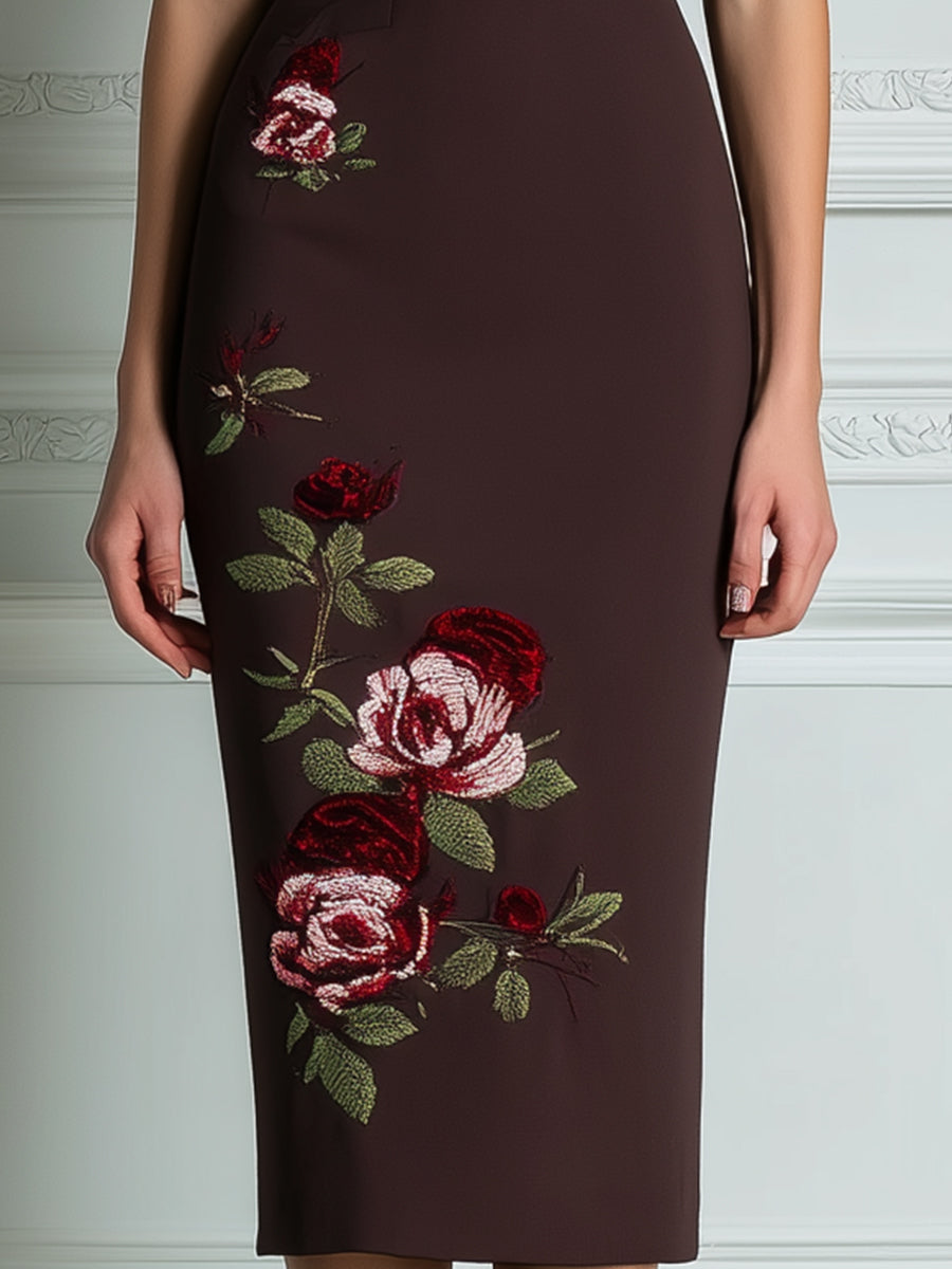 Deep V-Neck Embroidered Rose Fitted Midi Dress