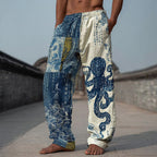 Japanese-style Octopus Calligraphy Shibori Patchwork Distressed Cotton Linen Pants