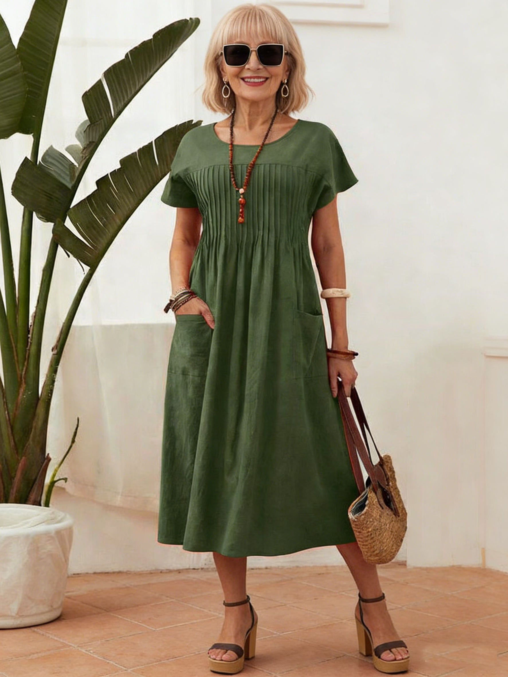 Solid Pocket Patched Pleated Detail Smock Dress Teacher Clothes