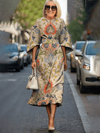 Formal Dress Hip Wrap Skirt Waist Party Skirt Round Neck Sleeve Design Dress