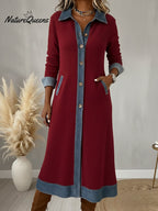 Casual Denim Patchwork Corduroy A-line Midi Dress