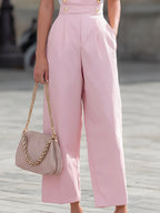 Elegant Pink High-Waisted Wide-Leg Overall Jumpsuit With Short-Sleeve Shirt Set, Adorned With Gold Buttons