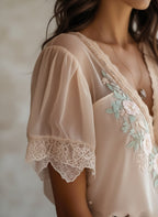 Elegant Floral Embroidered Sheer Lace Blouse - V-Neck Puff Sleeve Top