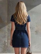Retro Elegant Blue Round Neck Short-sleeved Belted Denim Mini Dress