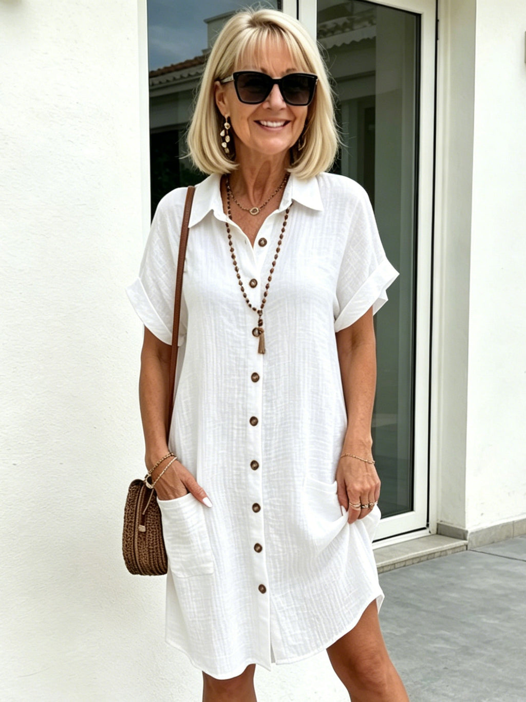 Solid Color Shirt Dress Simple, Made of Breathable, Featuring a Lapel Collar and Orderly Button Arrangement That Adds a Vintage Charm