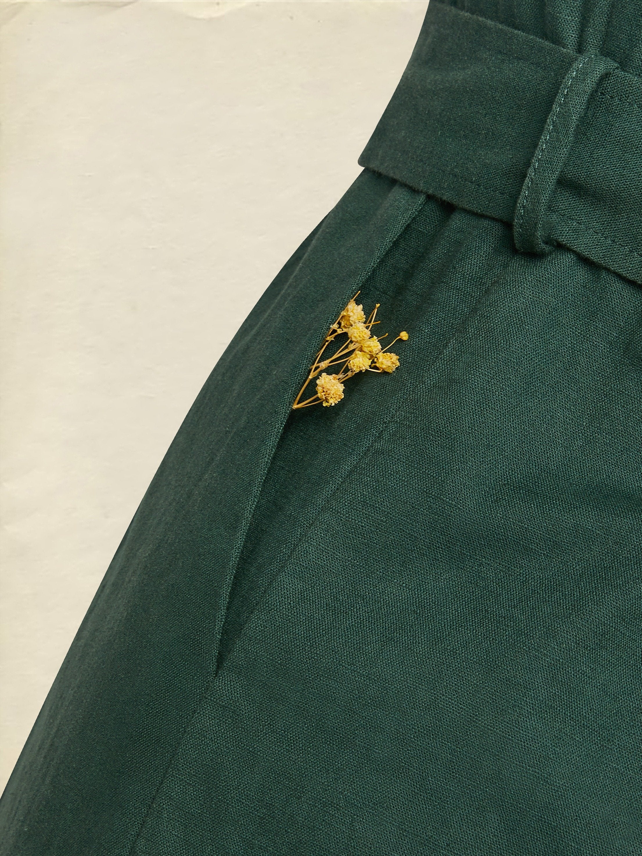 Linen Jumpsuit , Sleeveless, V Neck, Plain, Button Design, Vintage, Green