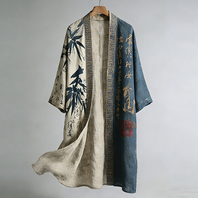 Retro Japanese Bamboo Leaf And Calligraphy Pattern Casual Kimono