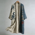 Retro Japanese Bamboo Leaf And Calligraphy Pattern Casual Kimono