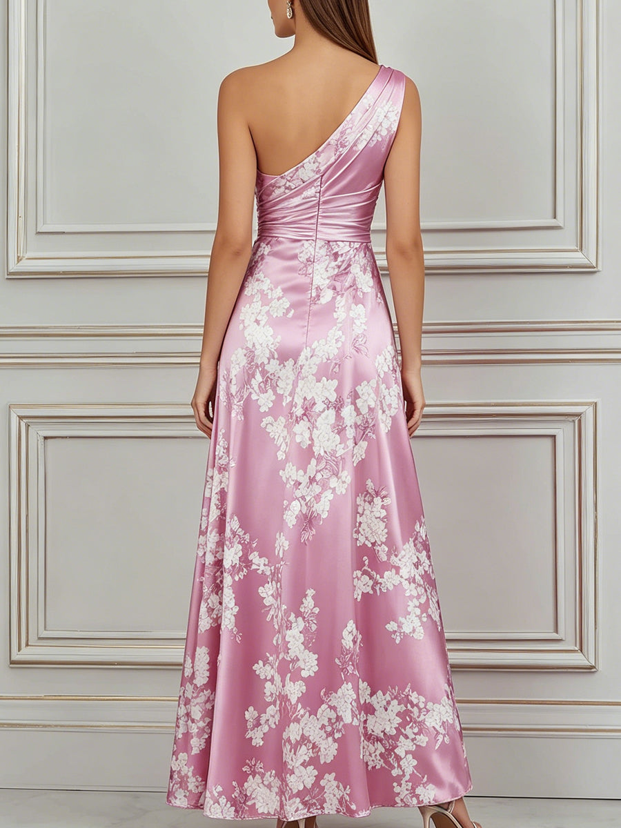 Blush Pink Cherry Blossom Print Satin Maxi Dress