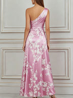 Blush Pink Cherry Blossom Print Satin Maxi Dress