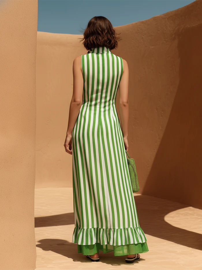Casual Striped Half-zip Sleeveless Dress