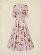 Midi Linen Dress , Long Sleeves, V Neck, Floral, Belt Design, Vacation, Vintage, Light Pink