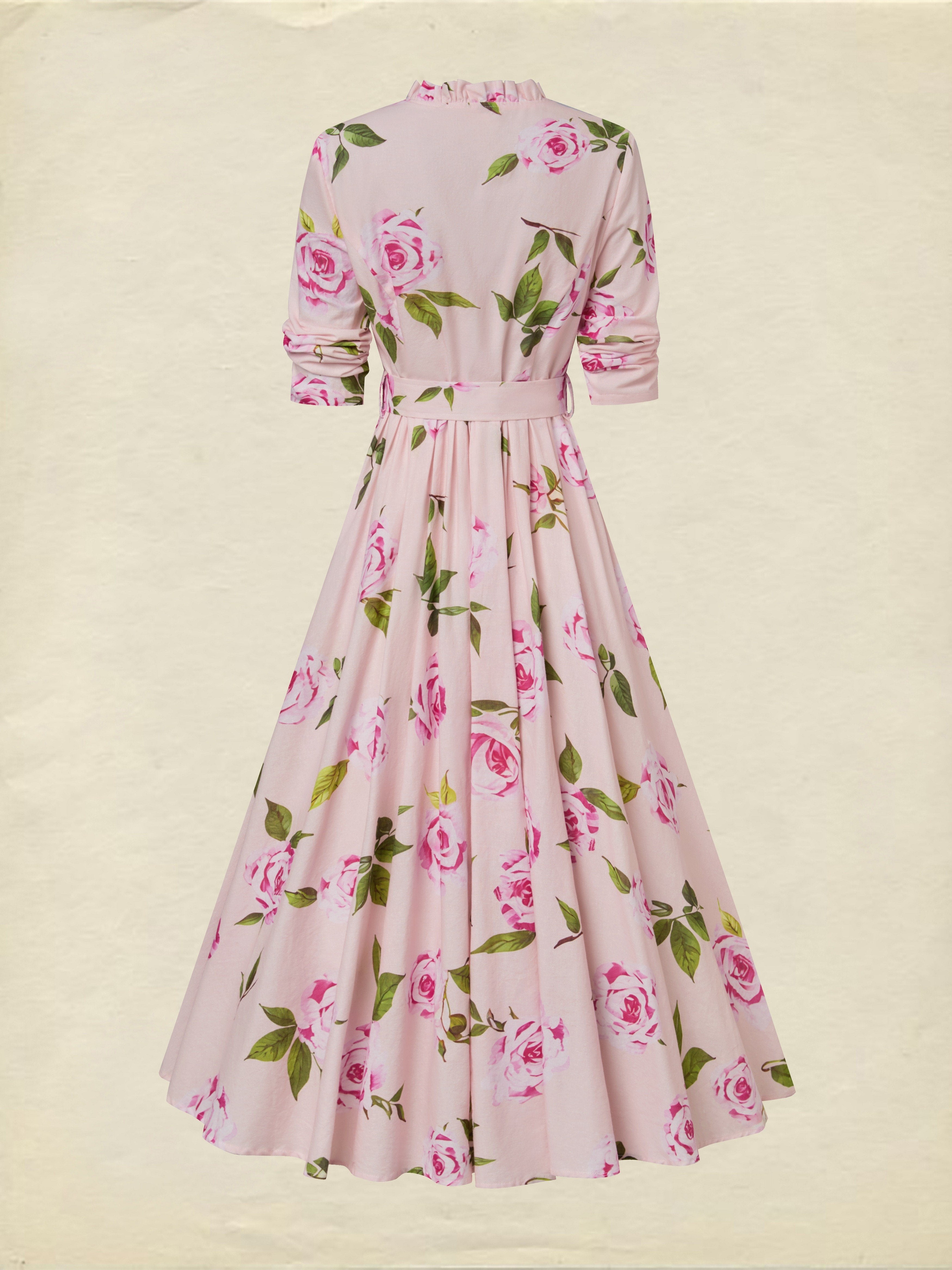 Midi Linen Dress , Long Sleeves, V Neck, Floral, Belt Design, Vacation, Vintage, Light Pink