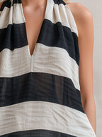 Casual Retro Striped Sleeveless Chiffon Blouse And White Cotton Linen Shorts Set
