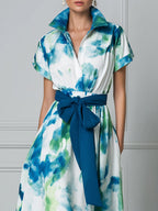 Collared Short Sleeve Watercolor Print Midi Dress