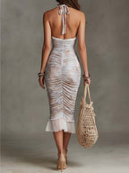 Bohemian Halter Watercolor Print Ruched Midi Dress