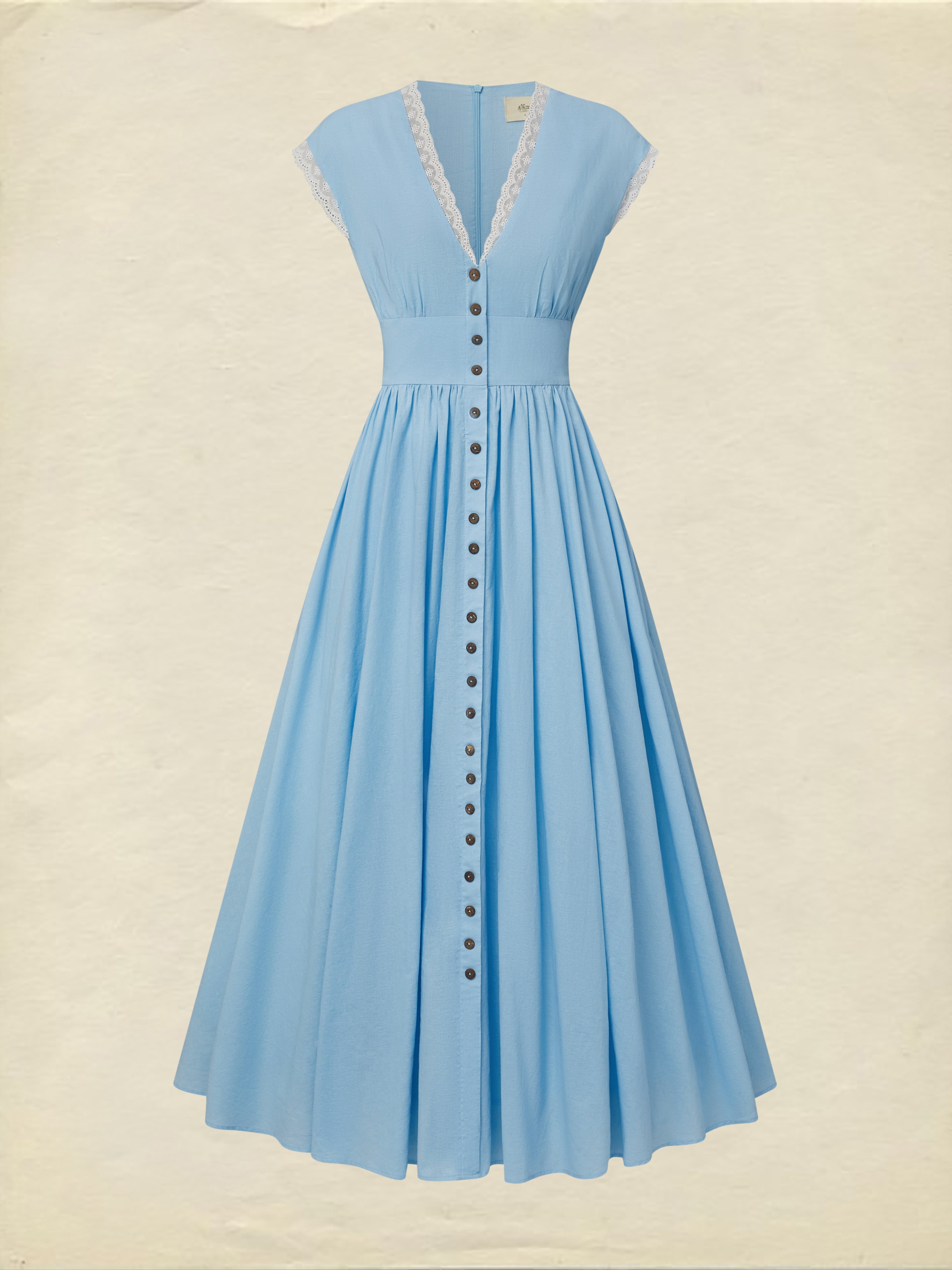 Maxi Linen Dress , Cap Sleeves, V Neck, Plain, Button Design, Vintage, Blue
