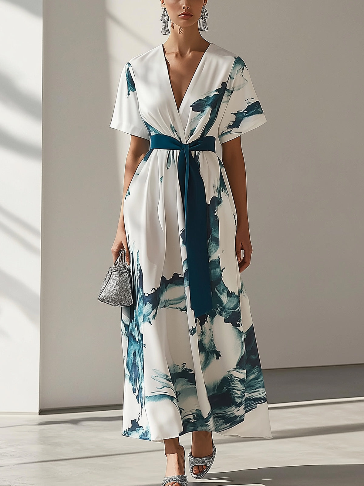 Elegant Chiffon Printed Dress with Waist Tie
