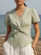 Cotton Shirt, Short Sleeves, V Neck, Plain, Lace, Vacation, Vintage, Green