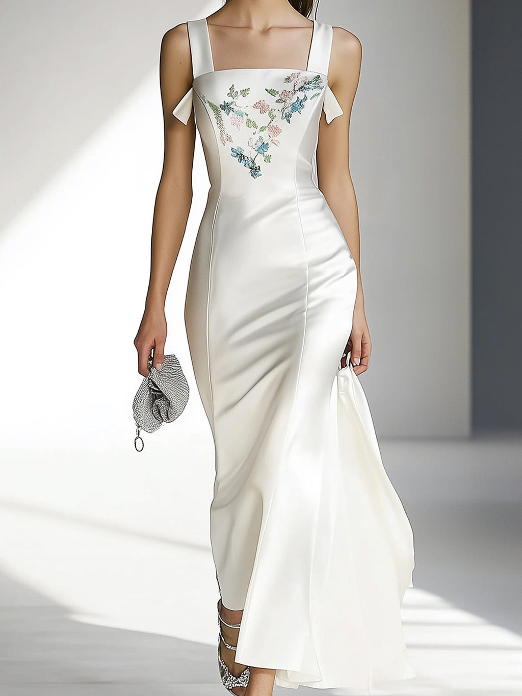 White Satin Embroidered Dress