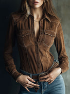 Western Brown Microsuede Button-Up Shirt With Pockets