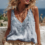 Women‘s Pink Rose Embroidery V-neck Tank Top