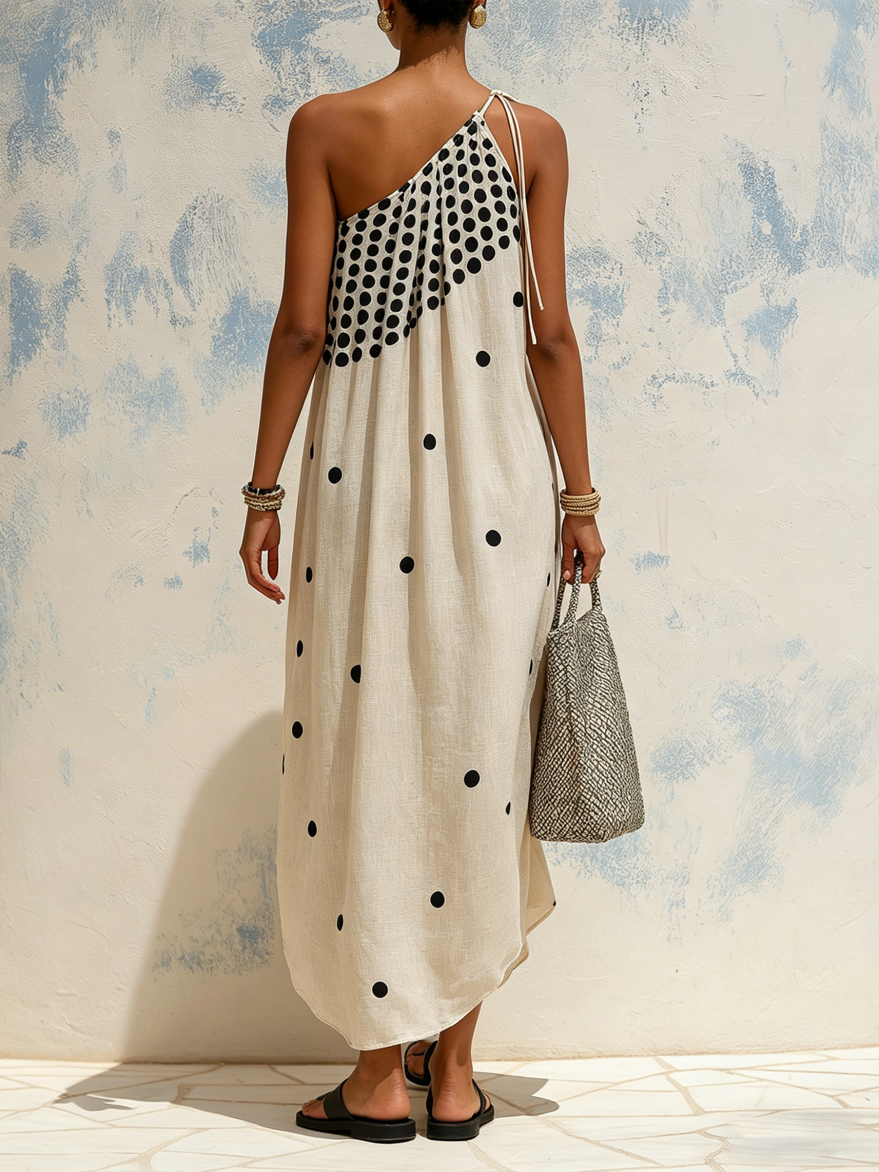 Polka Dot One-Shoulder Linen-Blend Maxi Dress