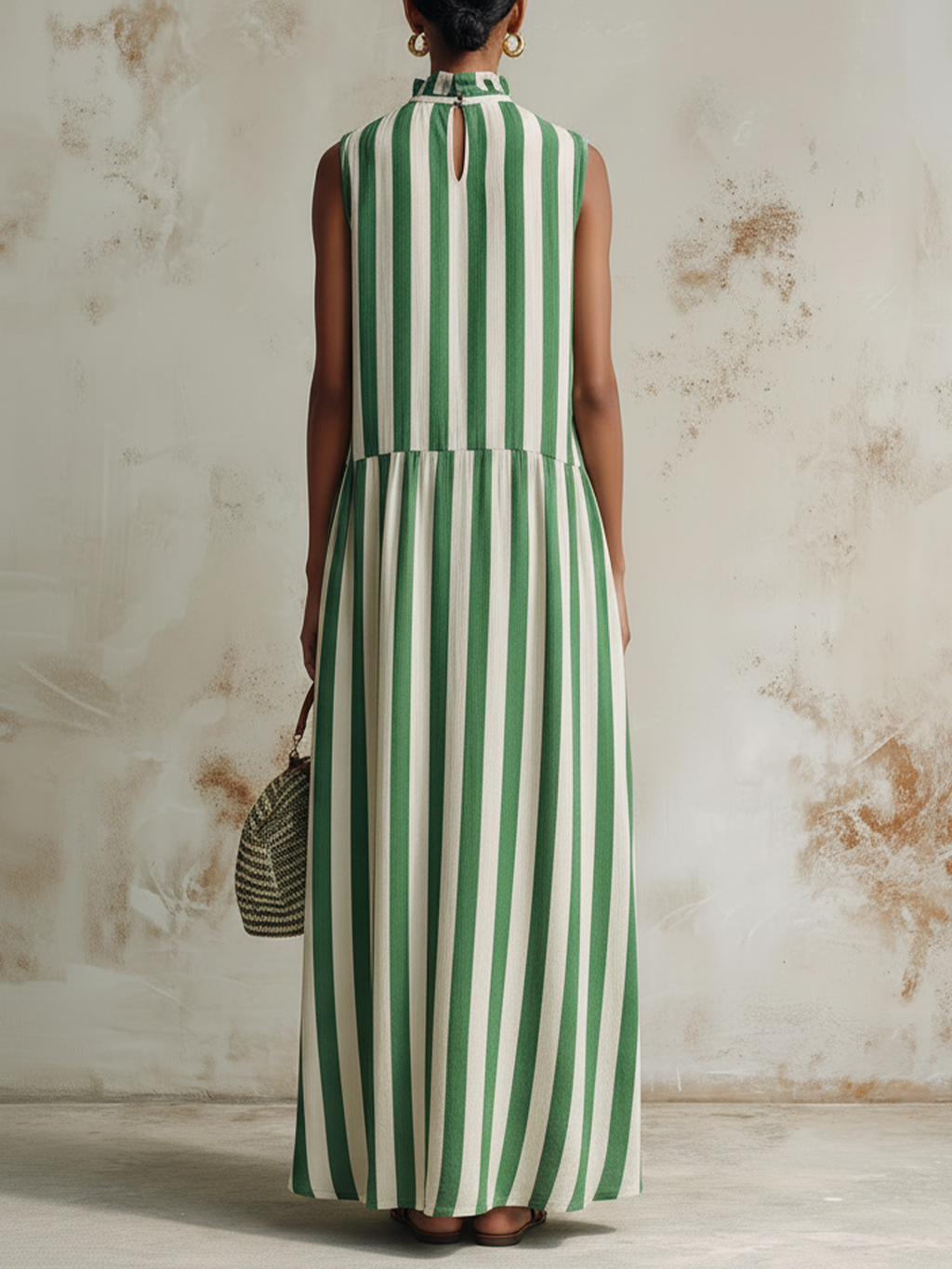 Green & White Striped Sleeveless Maxi Dress With Ruffle Neck