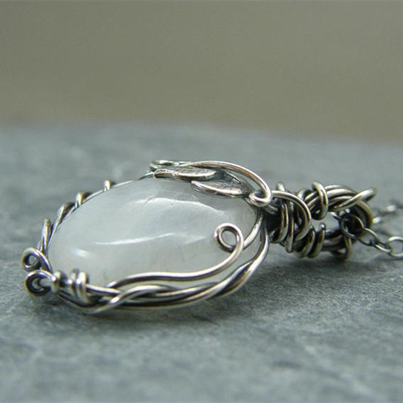 Moonstone Necklace Pendant Boho Leaf Rattan