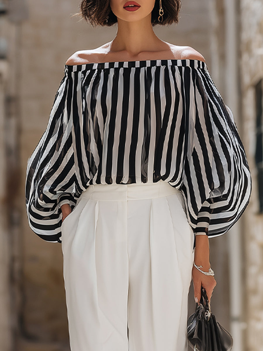 Chic Off-the-Shoulder Striped Blouse & High-Waisted Tailored Trousers Set