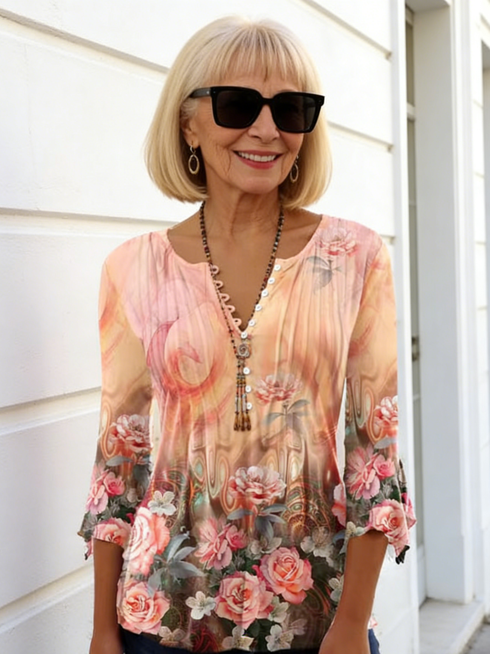 Fashion Women's Floral Print V-Neck Short Sleeve Pleated Button T-Shirt Bottom Shirt