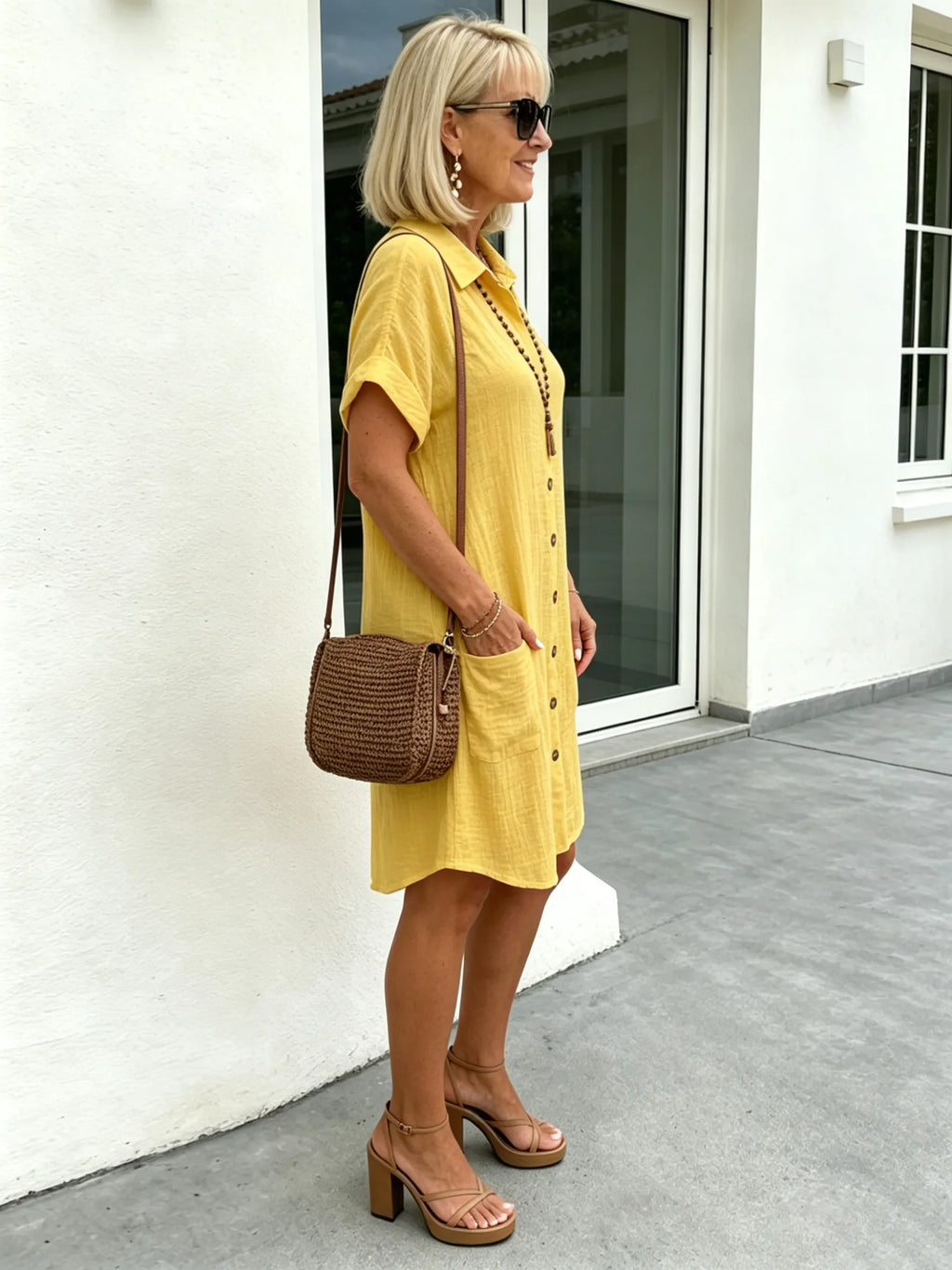 Solid Color Shirt Dress Simple, Made of Breathable, Featuring a Lapel Collar and Orderly Button Arrangement That Adds a Vintage Charm