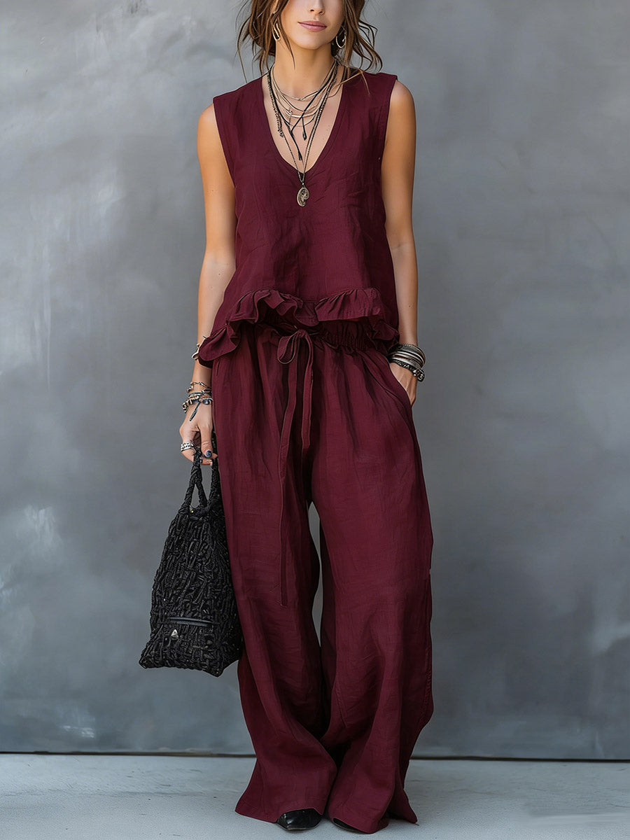 Women's V-neck Sleeveless Casual Loose Cotton Top With Elastic Waist And Wide-leg Pants Cotton Linen Set