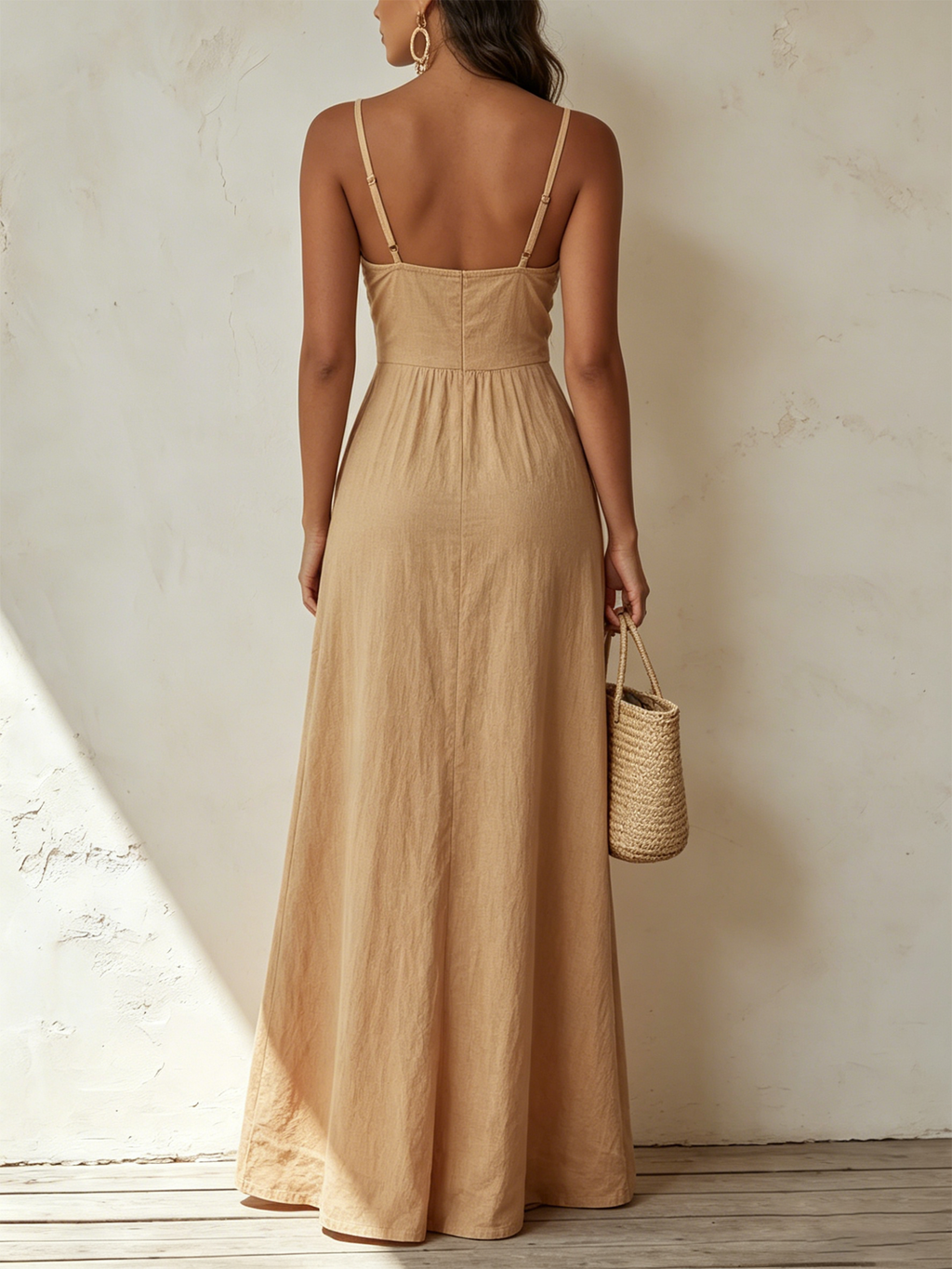 Beige Linen-Blend Bow-Front Button-Down Maxi Dress