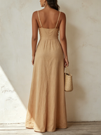 Beige Linen-Blend Bow-Front Button-Down Maxi Dress