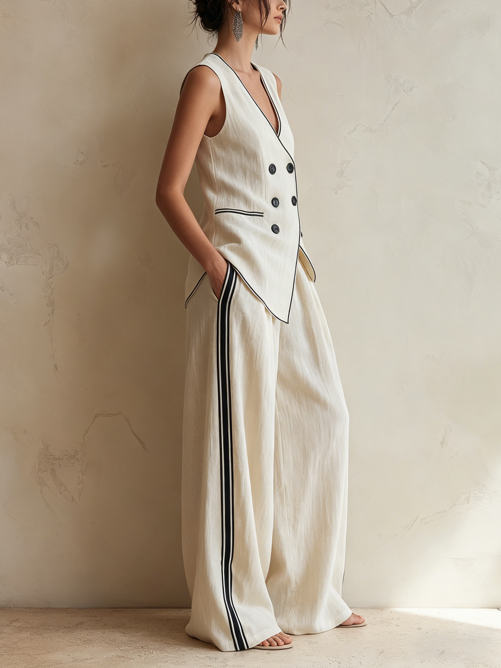 Cream Linen-Blend Double-Breasted Vest & Wide-Leg Trousers Co-ord Set