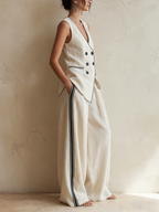 Cream Linen-Blend Double-Breasted Vest & Wide-Leg Trousers Co-ord Set