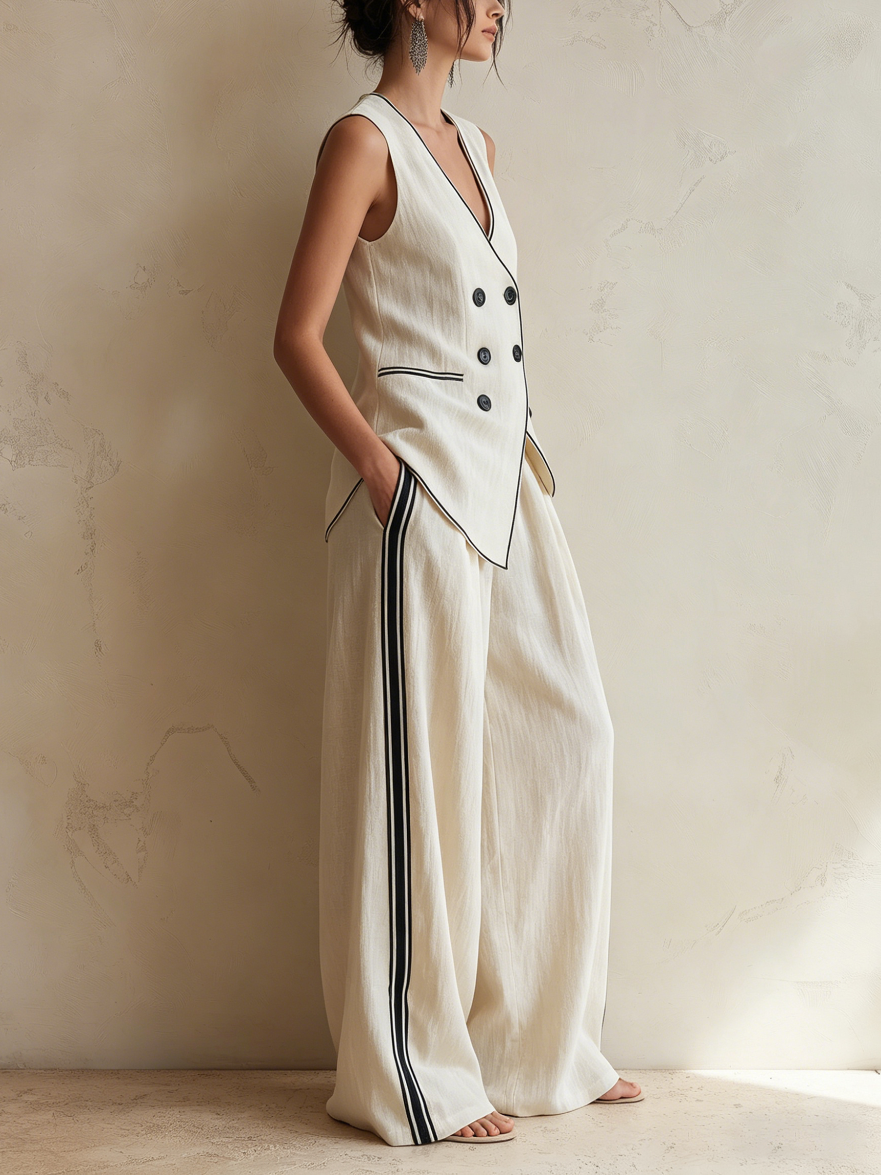 Cream Linen-Blend Double-Breasted Vest & Wide-Leg Trousers Co-ord Set