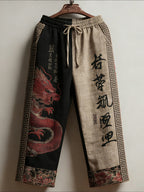 Men's Retro Calligraphy With Dragon Art Casual Linen Pants