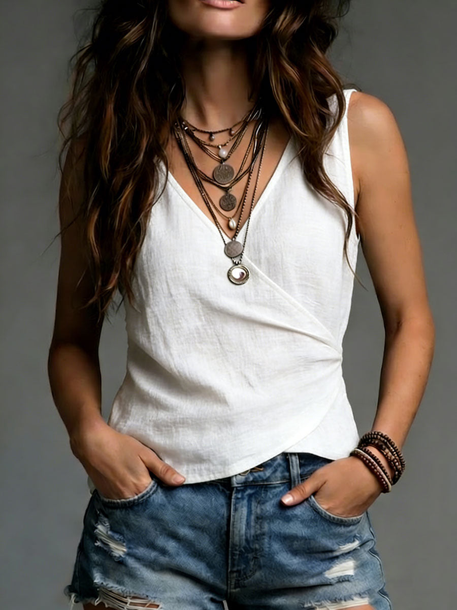 Cozy Minimalist Solid-color V-neck 100% Cotton Vest