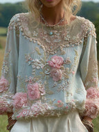 Women's Floral Embroidered Round Neck Comfortable Top