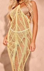Yellow Laddered Crochet Gold Trim Maxi Beach Dress