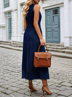 [24-hour shipping out]Casual Loose Fit Crew Neck Front Zipper Dark Blue Denim Maxi Dress