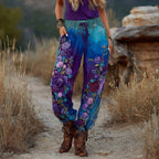 Classy Vintage Purple And Blue Lavender Patchwork And Floral Embroidered Art Gradient Linen Pants