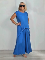 2Pcs Crew Neck Solid Color Sleeve Top Pleated Straight Pants Set Two-piece Set