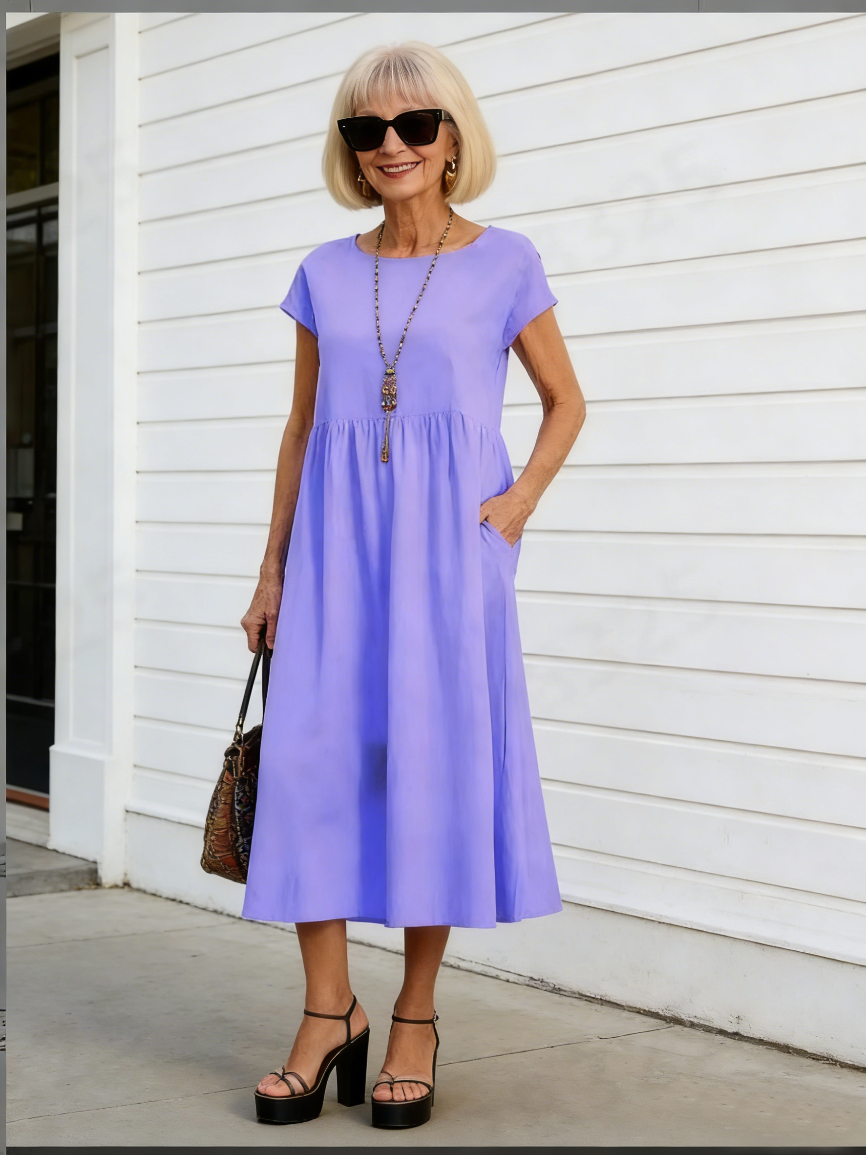 Solid Color Linen Round Neck Fitted Dress