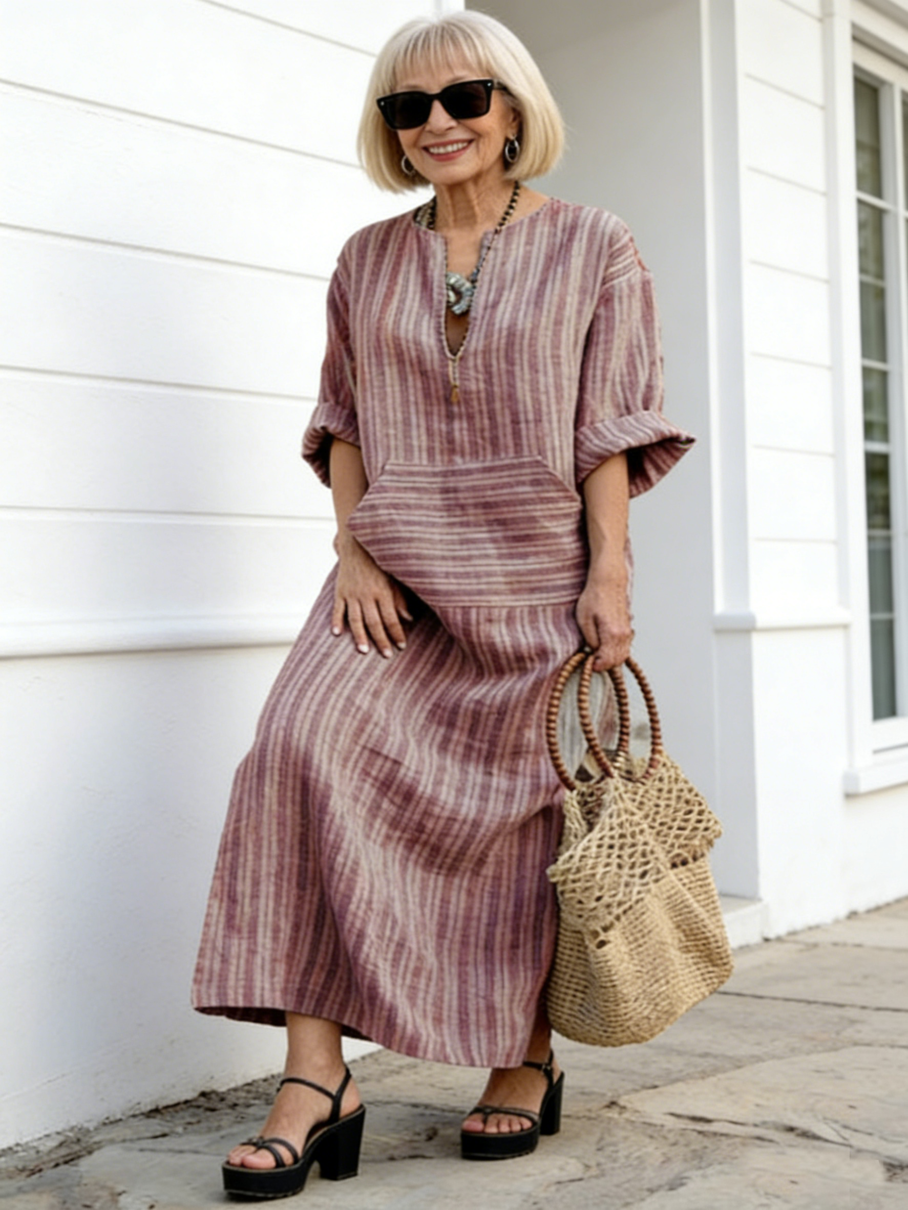 Cotton and linen dyed striped loose dress